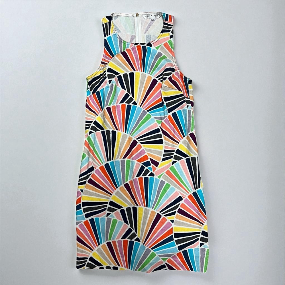 Trina Turk Multicolor Fan Print Sheath Dress Sleeveless Pockets Cotton Size 4 - Picture 13 of 16